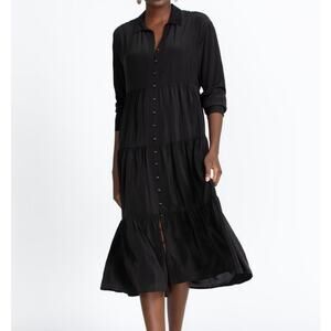 Johnny Was Tiered Wanderer Dress 100% Silk Long Sleeve Collared Black Medium